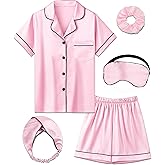 MORFORU Satin Kid Short Pajamas Set 5 Piece Child Silk Pjs Button Sleepwear with Eye Mask, Hairband, Hair Ring