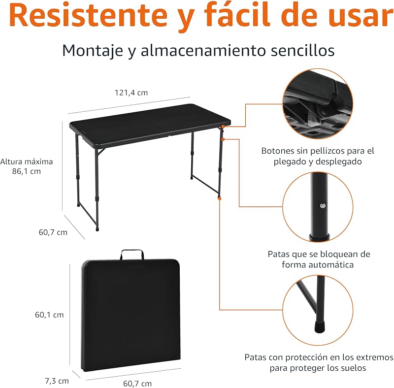 Mesa Plegable Rectangular de 1.2 m, 4 ajustes de Altura, asa de Transporte, Interiores y Exteriores, portátil, Ligera, de Viaje, Picnic, Camping, Negro Lavado, 121.4 x 60.7 x 86.1 cm — foto 2 de 6