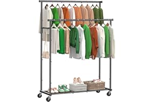 Ekisemio Clothes Rack Heavy Duty, Double Rods Clothing Rack with Wheels, 45 Inch Metal Garment Rack for Hanging Clothes, Max Load 400 LBS, Black