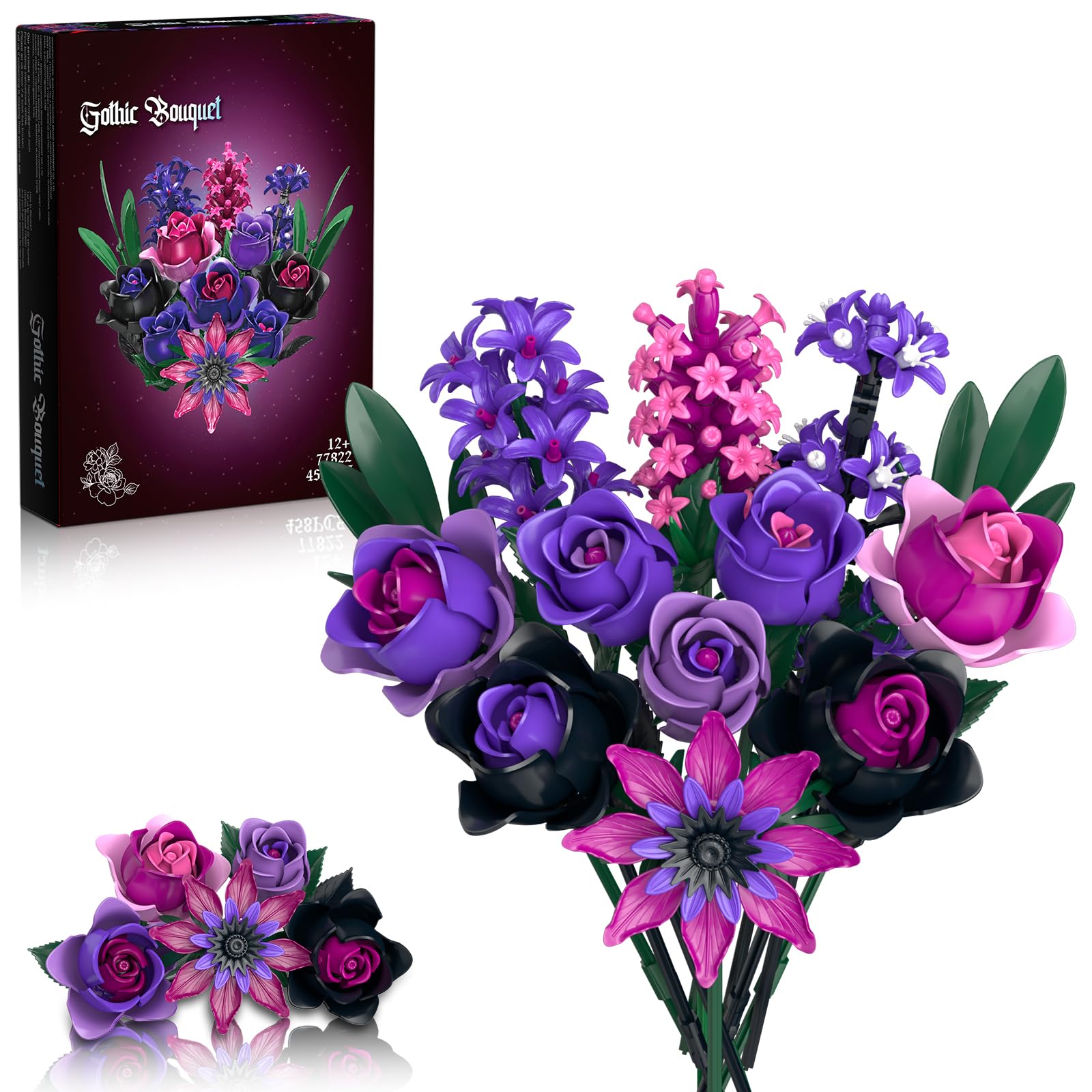 Purple Rose Flowers Bouquet Building Set - Valentines Decor Compatible with Lego Flowers for Adults Women - Gothic Home Office Table Centerpiece Decor, Halloween Christmas Valentine's Gift