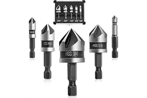 AIMLENTOOL 5 Pcs Countersink Drill Bit Set, 82 Degree 5 Flute High-Speed Steel Countersink Drill Bit with 1/4” Hex Shank, 1/4" to 3/4" Size for Machinable Metals, Wood, Carbon Steel, in Aluminum Case