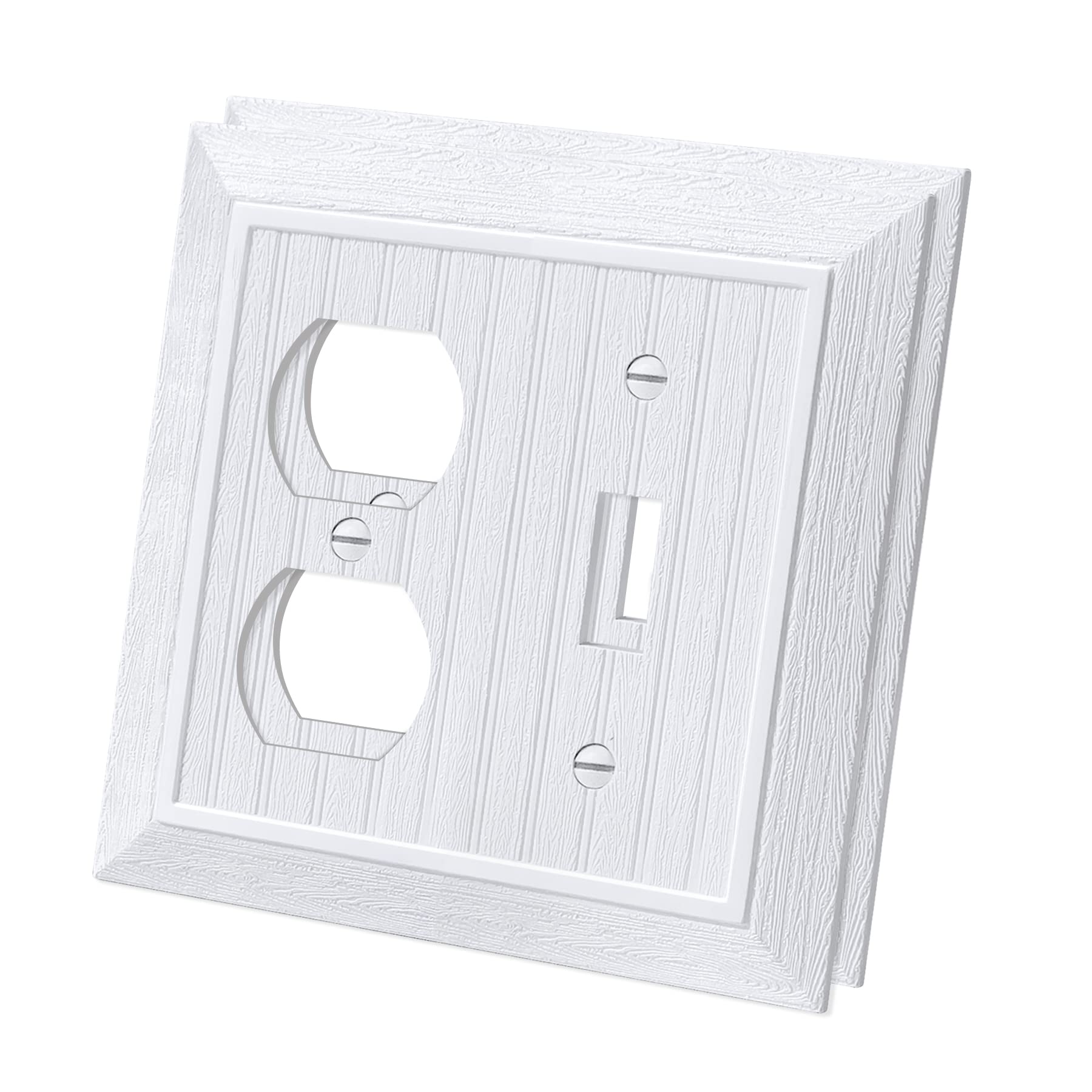 Photo 1 of (2 Pack) CML Classic Beadboard Duplex/Toggle Combination Switch Wall Plate, Vintage Outlet Covers, Retro Wood Grain Design Switch Plates, Impact Resistant, Standard Size 4.95”X 4.87”, White