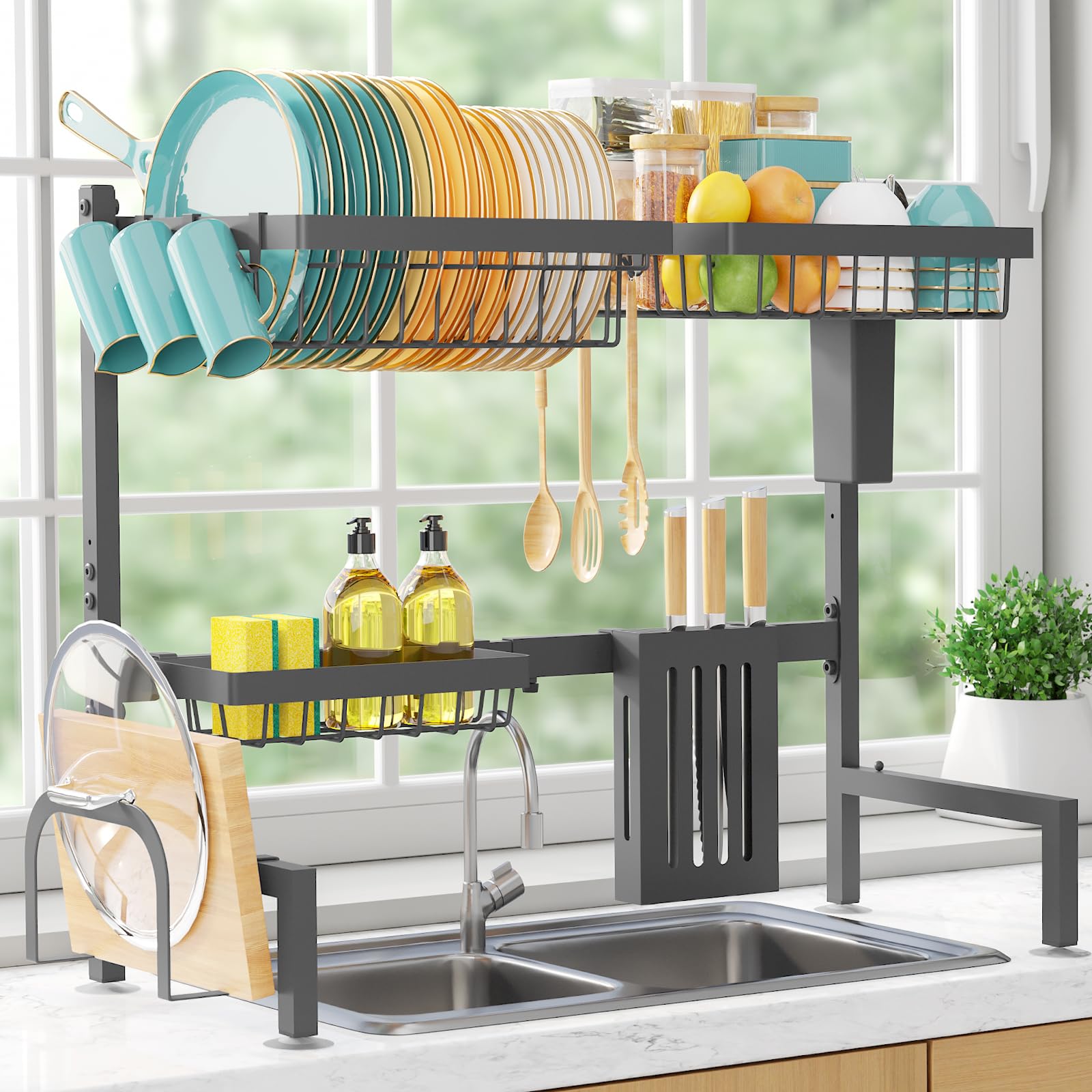 Photo 1 of Sakugi Over The Sink Dish Drying Rack - Adjustable 2 Tier Large Capacity Stainless Steel Drainer with Cutlery & Utensil Holders, Kitchen Storage & Organization, 30"-33.9" L x 11" W x 21.5" H, Gray