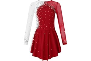 TSSOE Kids Girls Long Sleeves Glitter Rhinestone Figure Skating Dress Dance Performance Costume