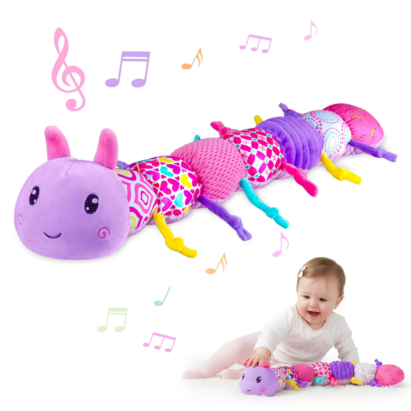 Jollybaby Infant Baby Musical Stuffed Animal Activity Soft Toys with Multi-Sensory Crinkle, Rattle and Textures, for Tummy Time Newborn 0-3-6-12 Months Girls, Caterpillar,Purple