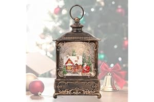 LITTLE GLEE Musical Christmas Lantern 8.5inches Music LED Lighted Santa Scene/Red Church Water Lantern Santa with Swirling Sequins and Timer Function, Home Tabletop Holiday Decoration