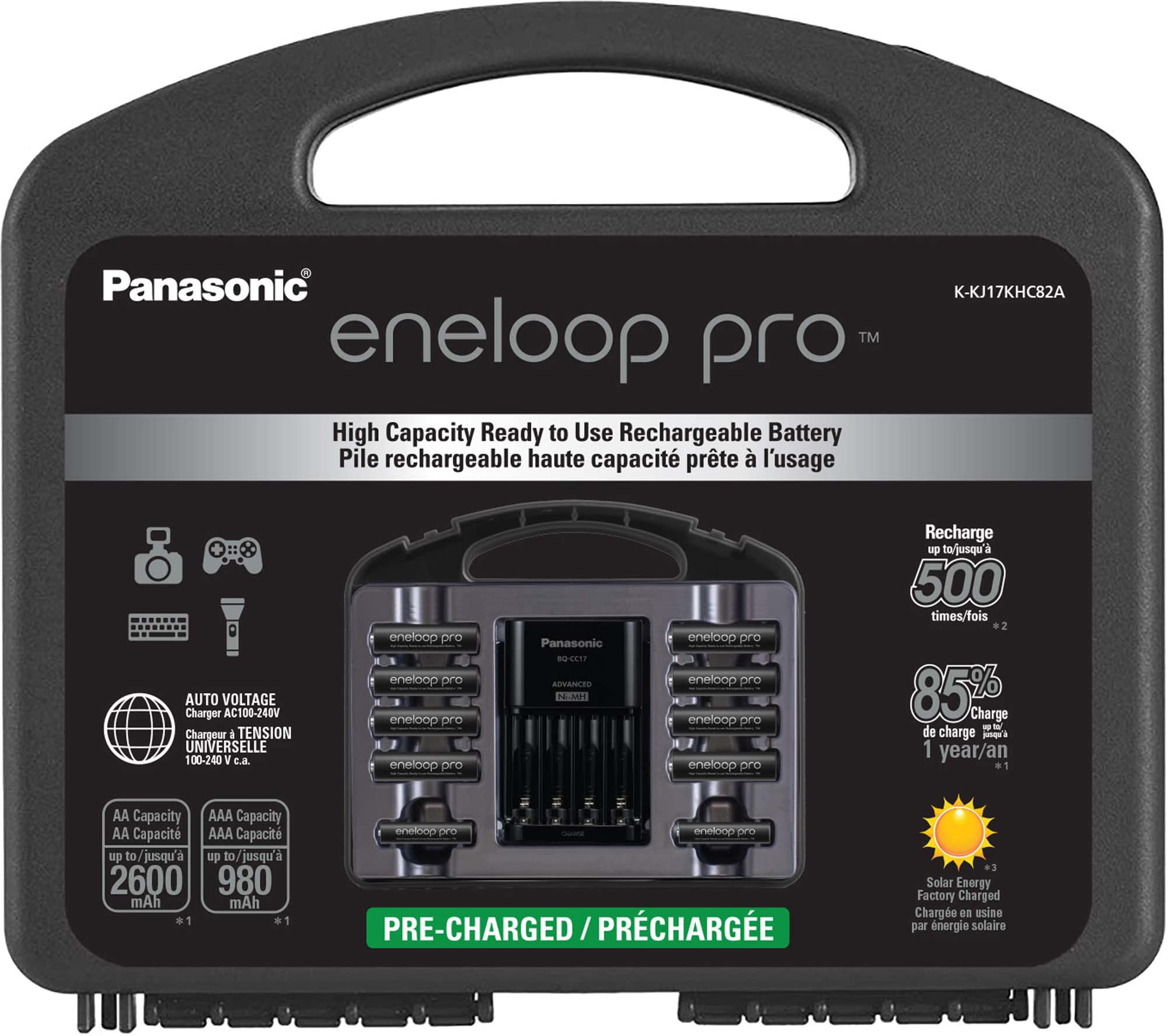 Photo 1 of Panasonic K-KJ17KHC82A eneloop pro High Capacity Power Pack, 8AA, 2AAA, with Advanced Individual Battery Charger and Plastic Storage Case