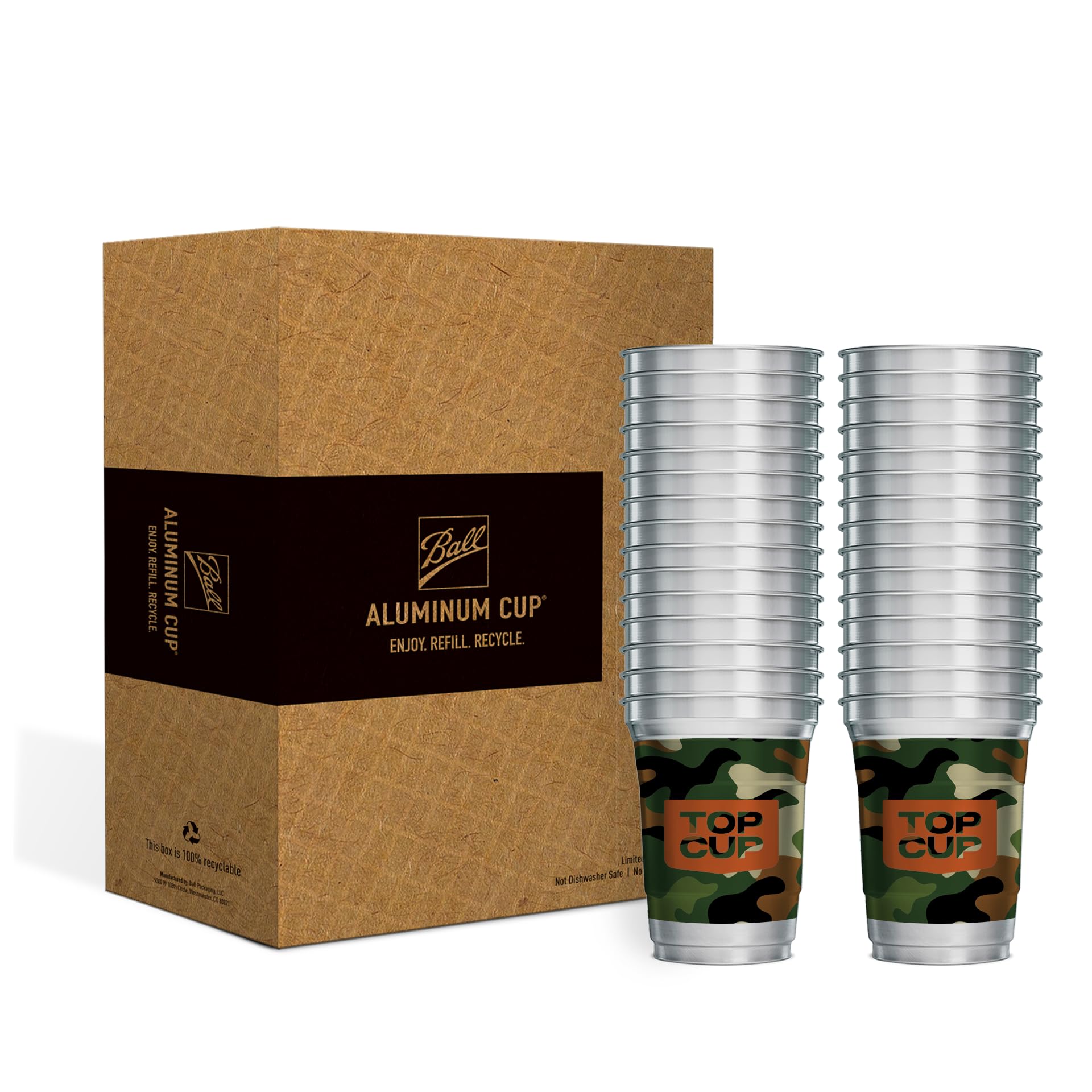 Top Cup – Reusable Aluminum Party Cups – 16oz, 30 count Camo Design | Cold-Holding, Recyclable, Made in USA