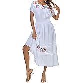 Women's Summer Maxi Dress Casual Floral Embroidered Round Neck Short Sleeve Ruffle Tiered Dress Flowy Boho Beach Sundress