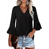 VICHYIE 3/4 Sleeve Tops for Women Summer V Neck Ruffle Sleeve Shirt Loose Dressy Casual Blouses Fashion