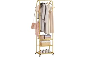 Dttwacoyh Hall Tree with Wheels and Hanging Hooks,Heavy-Duty Metal Coat Rack with Shoe Shelves,3-in-1 Narrow Entryway Storage for Small Space,Suitable for Hallway,Bedroom and Bathroom,Gold