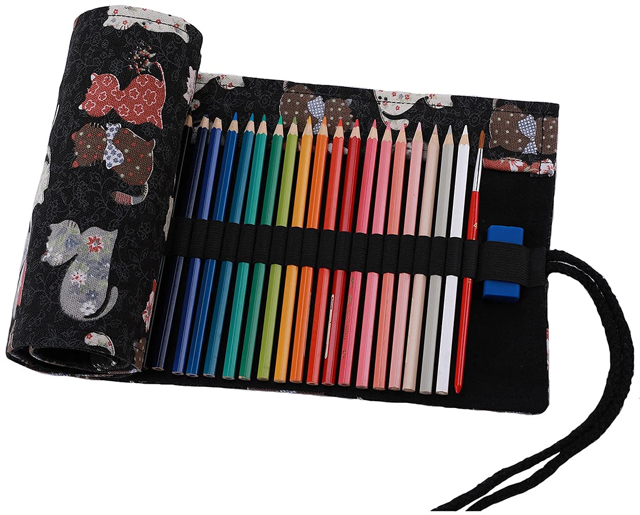 Amoyie Roll Up Pencil Case for 48 Coloured Pencils, Colouring Pens Organiser Bag, Artist Wrap, Canvas Holder, Black Cat
