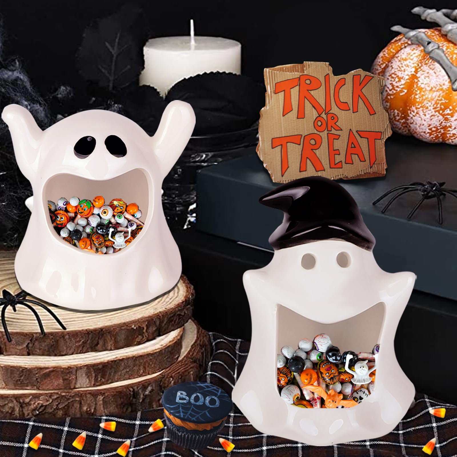 Photo 1 of DIYDEC Halloween Candy Dish Holder 2PCS Halloween Candy Bowls Ghost Ceramic Bowl Candle Holder Tableware Decorations for Halloween Tiered Tray Ornament Home Decor