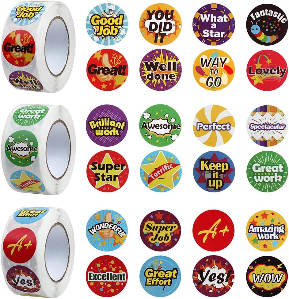 ZTMY 1500PCS Reward Stickers 3 Roll 24 Designs Multicoloured Classroom Kids