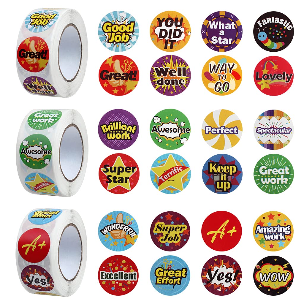 1500PCS Reward Stickers, ZTMY School Stickers 3 Roll Motivational Stickers in 24 Designs for Children Students Teachers Classroom (Multicoloured-1)