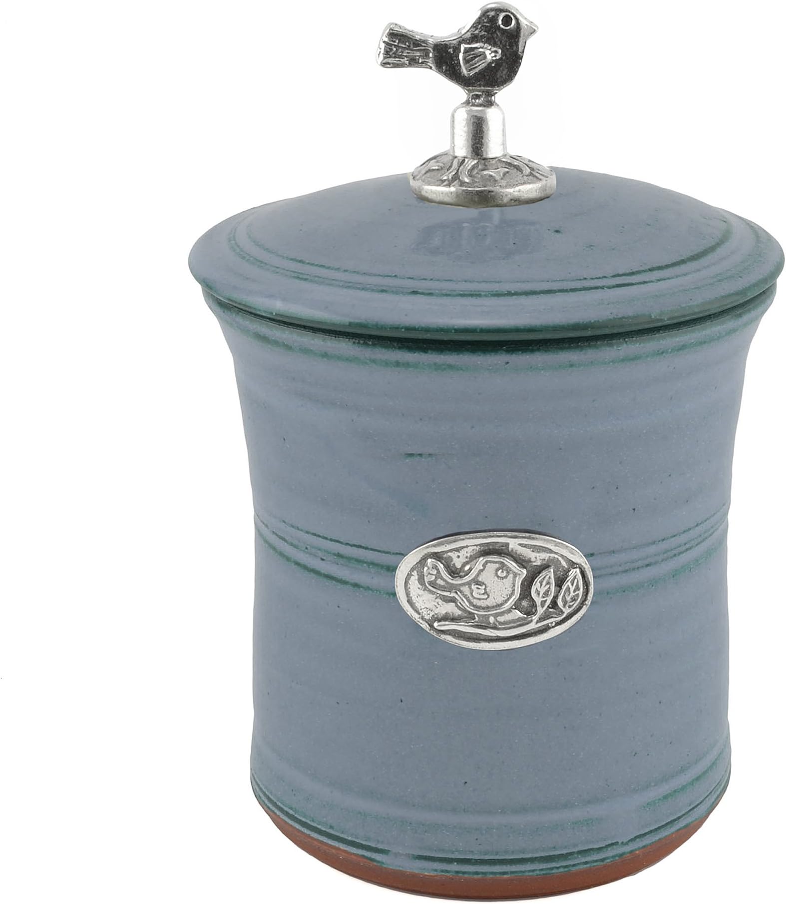 Oregon Stoneware Studio Bird Garlic Pot with Pewter Finial, Light Blue