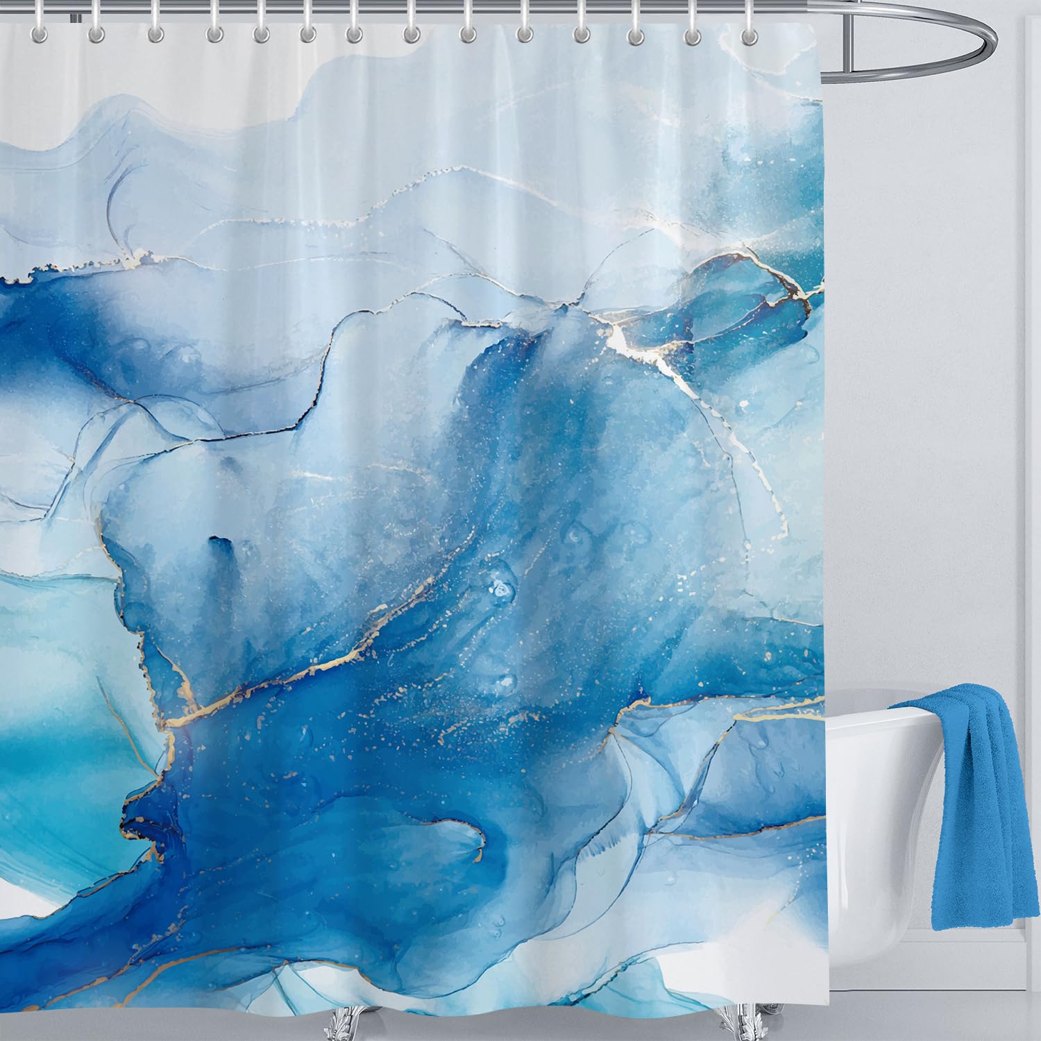 LIVETTY Shower Curtain Blue Marble Curtains 180x180cm Fabric Bathroom curtain For Women & Men With 12 Hooks Washable Quick-Drying Curtains