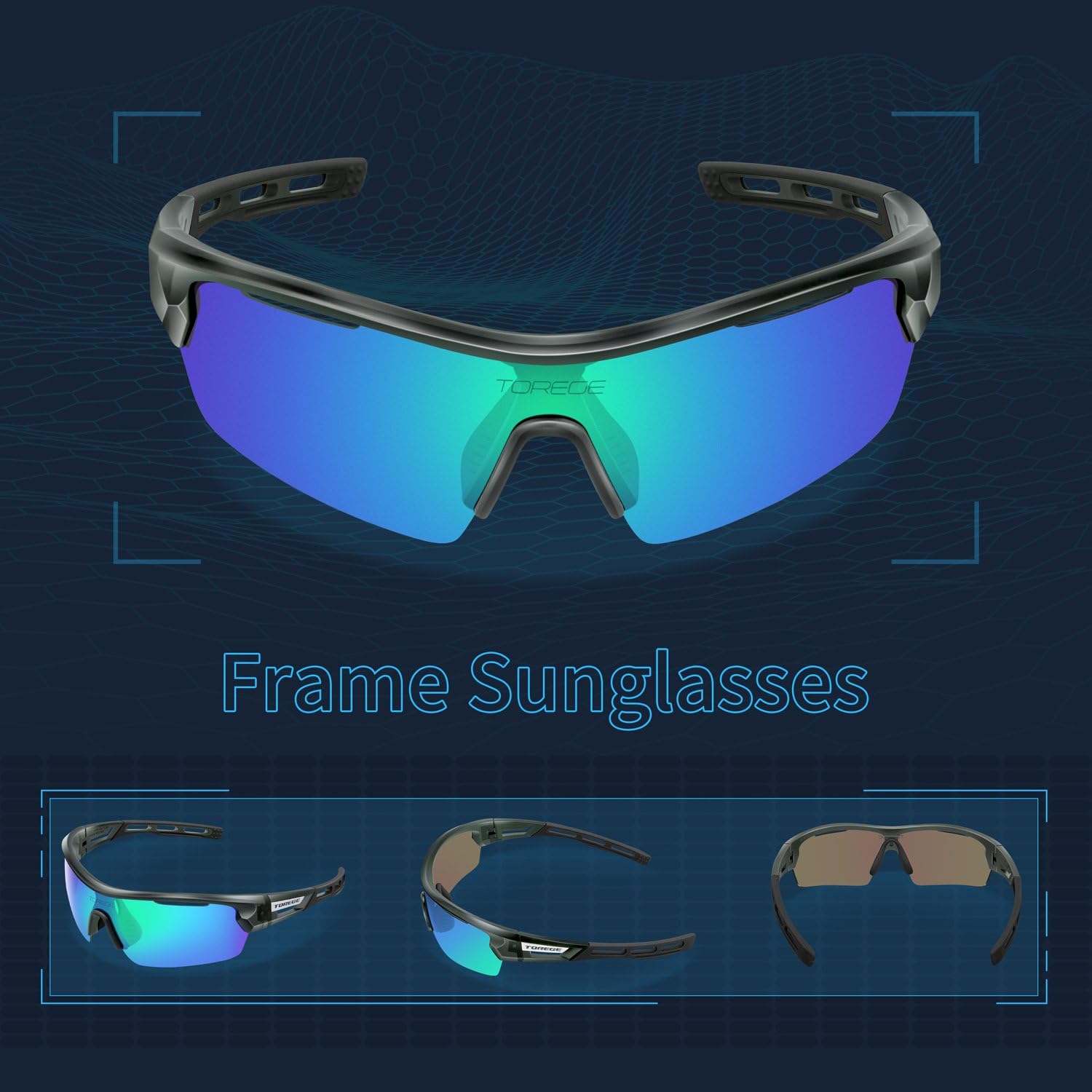 TOREGE Polarized Sports Sunglasses for Men Women Cycling Running Driving TR033(Transparent Gray&Black Tips&Green Lens) : Clothing