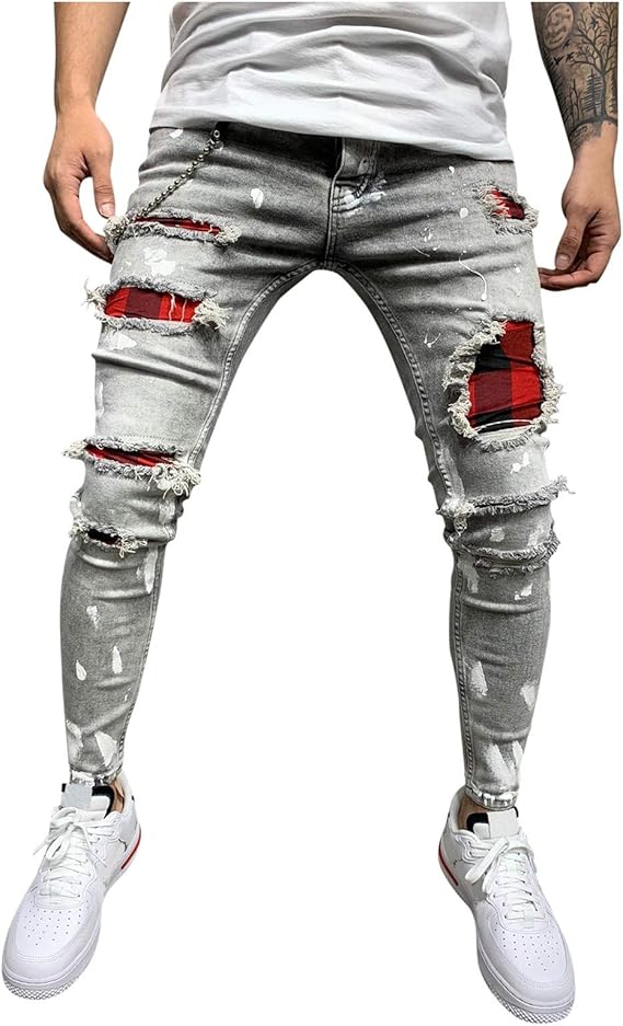 Amazon メンズ ダメージ デニムパンツ ファション 伸縮 チェック柄 プリント チェーン デザイン 街履き 細身デザイン ジーンズ 通販