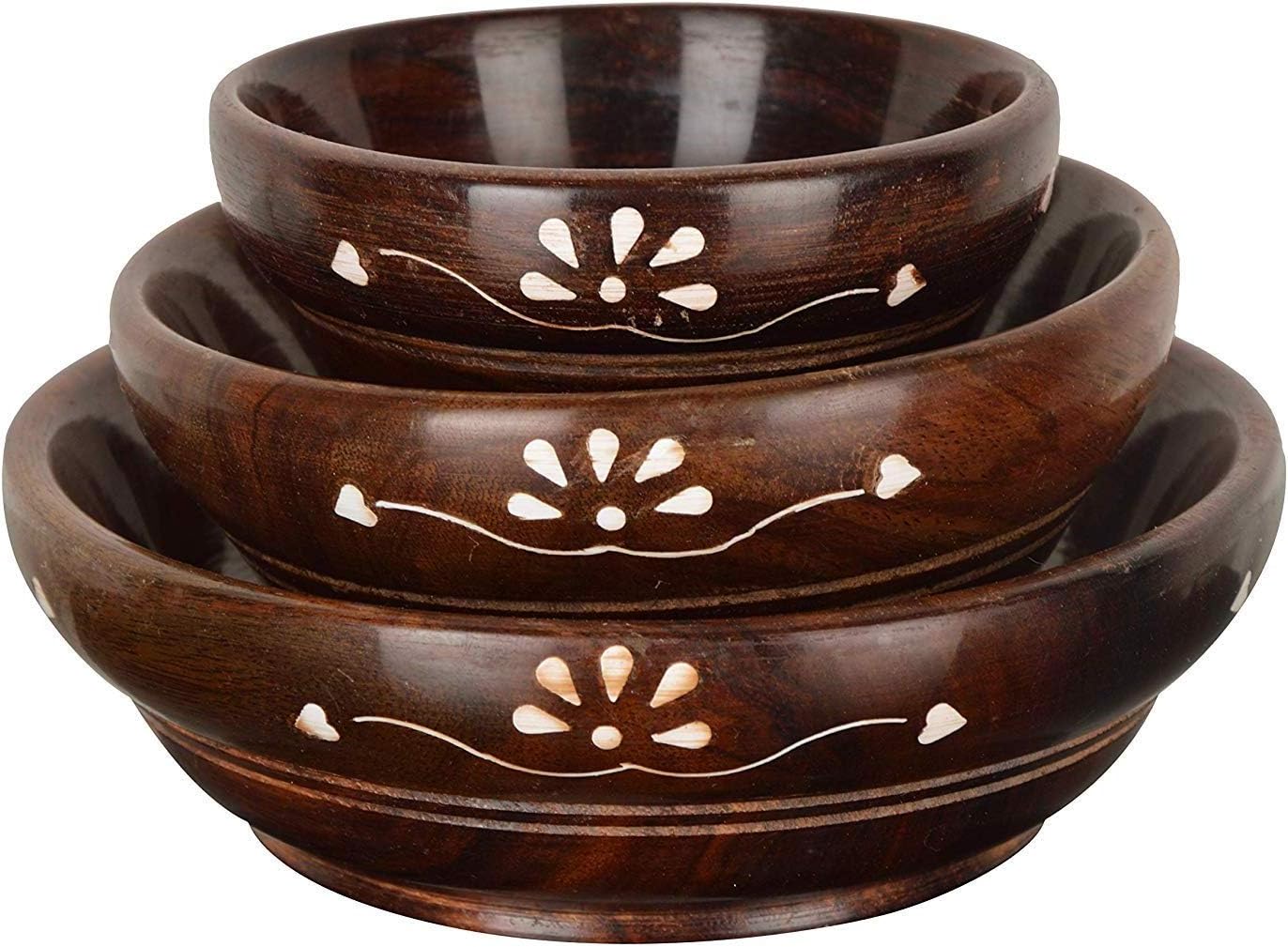 Naturals Food-Safe Decorative Wooden Serving Bowls - Set of 3 for Wood Snack or Salad Bowl.
