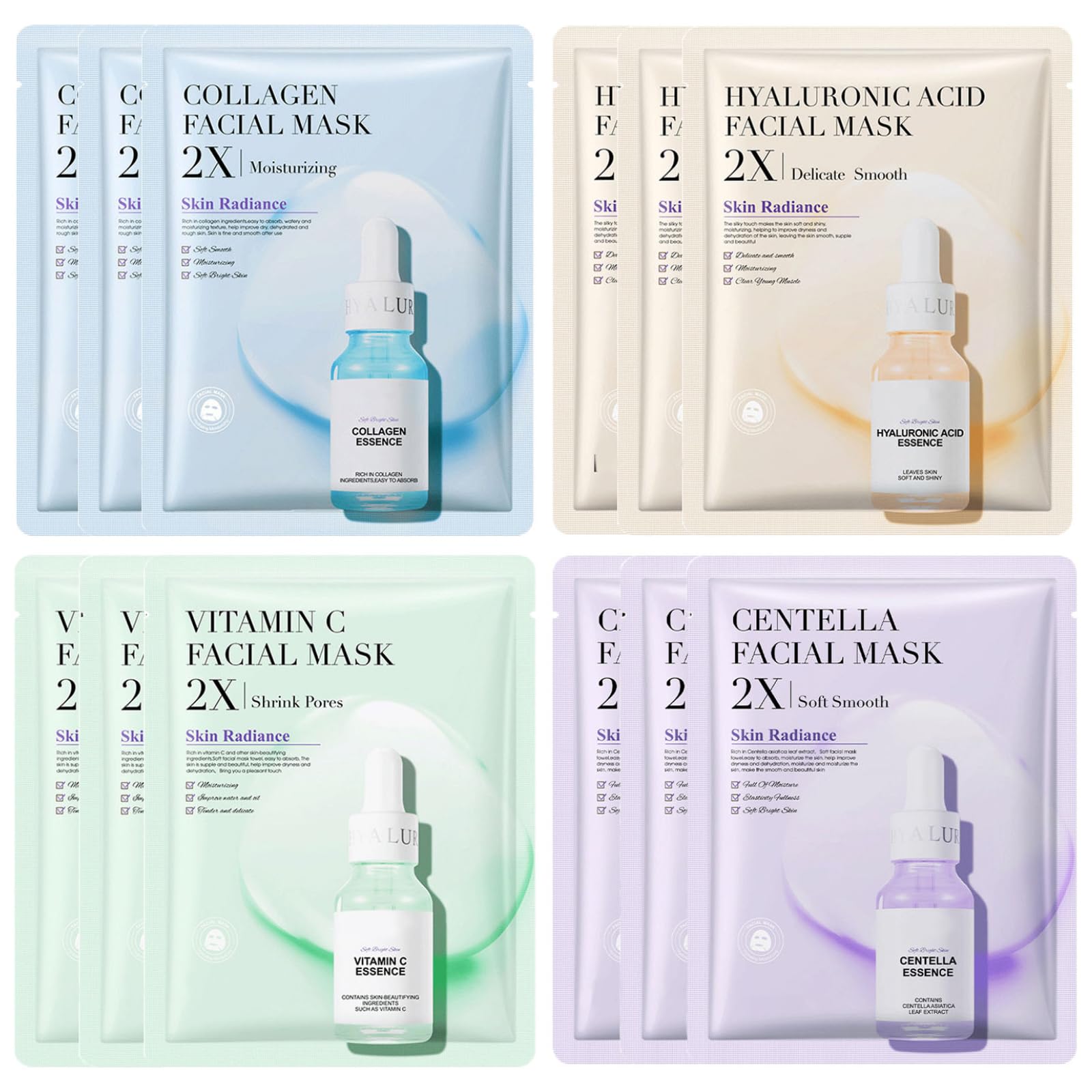 JORUN 12 Pcs Essence Hydrating Sheet Face Mask Set - Korean Sheet Masks Moisturizing,Anti-Aging, Brightening Face Masks Beauty Multipack - Vegan Face Mask Skincare for All Skin Types