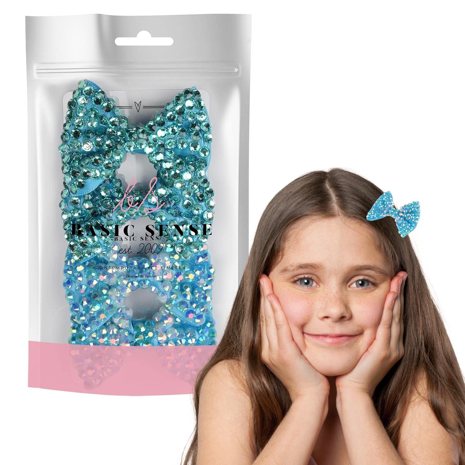 BasicSense 4 Pieces Shiny Rhinestone Small Bow Crocodile Alligator Hair Clips for Girls, Blue - Blue