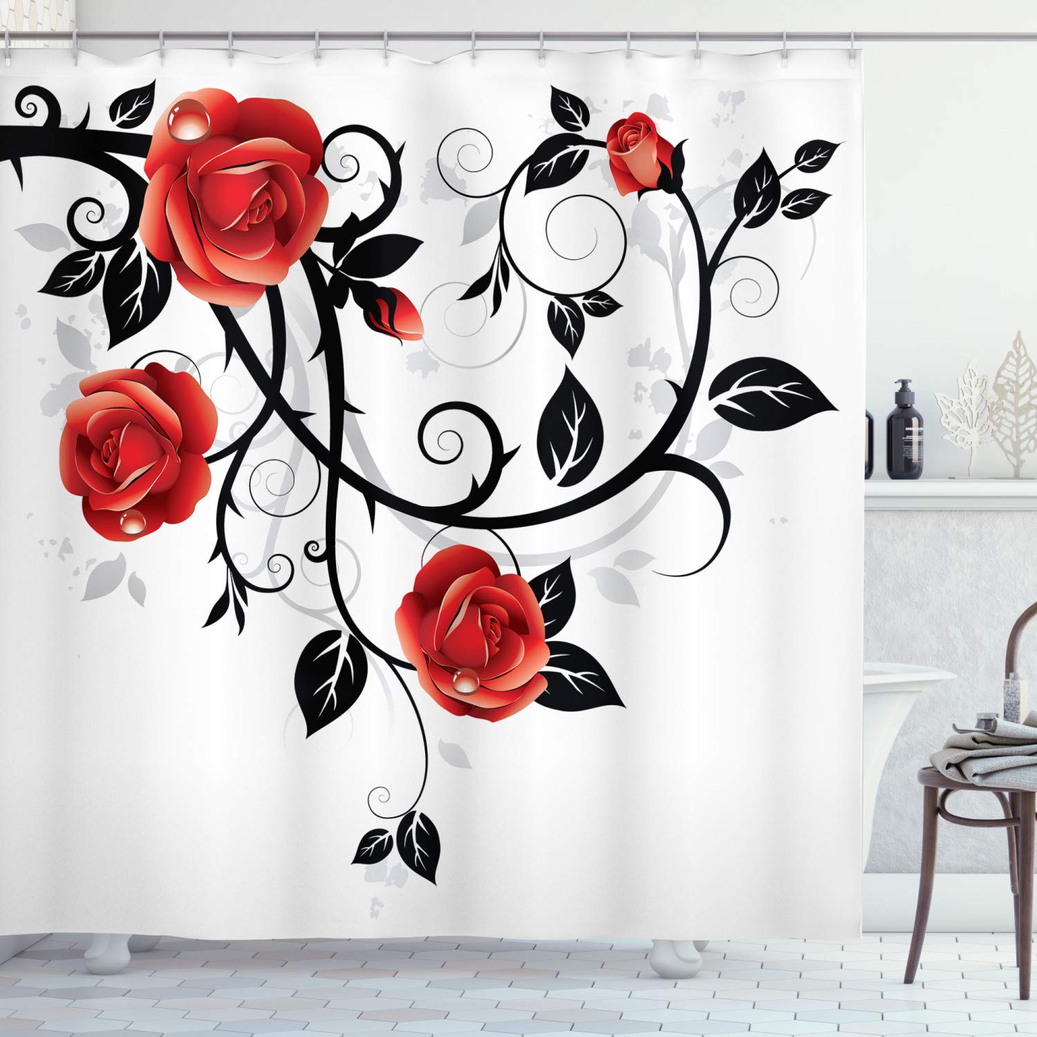 ABAKUHAUS Gothic Shower Curtain, Ornate Swirling Branches Roses Garden Flower Grunge Style European, Cloth Fabric Bathroom Decor Set with Hooks, 70 Inches, Vermilion Black White