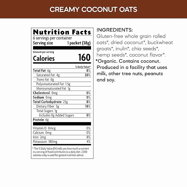 NATURE’S PATH ORGANIC QI’A CREAMY COCONUT INSTANT OATMEAL, 8 OZ (PACK OF 1), SUPERFOOD BLEND WITH CHIA & HEMP, GLUTEN FREE, NON-GMO