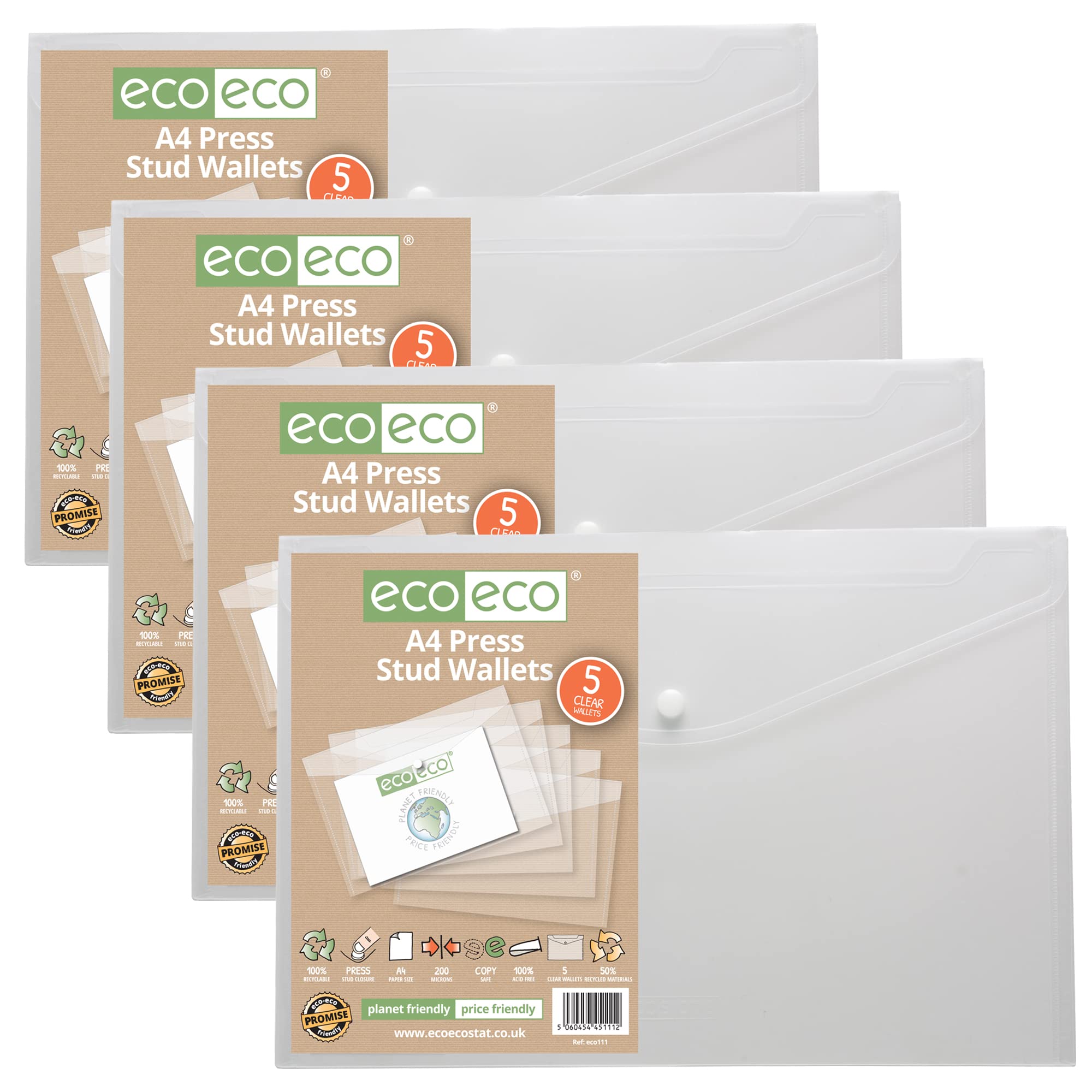 eco-eco A4 50% Recycled Clear Transparent Press Stud Popper Wallet, Plastic Folders 310x238mm (Pack of 20), 200mic, eco111x4