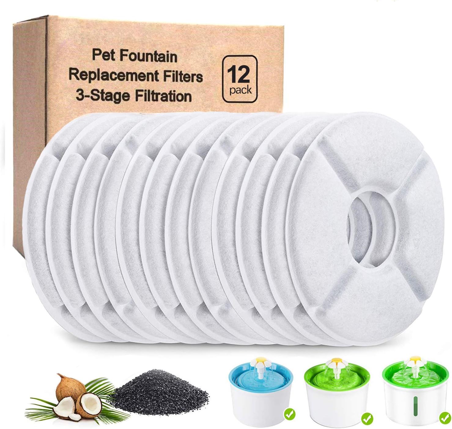 HuaTek 12-Pack Cat Fountain Filters - Activated Carbon Filters for Automatic Pet Water Fountains, Charcoal, 12 Pack