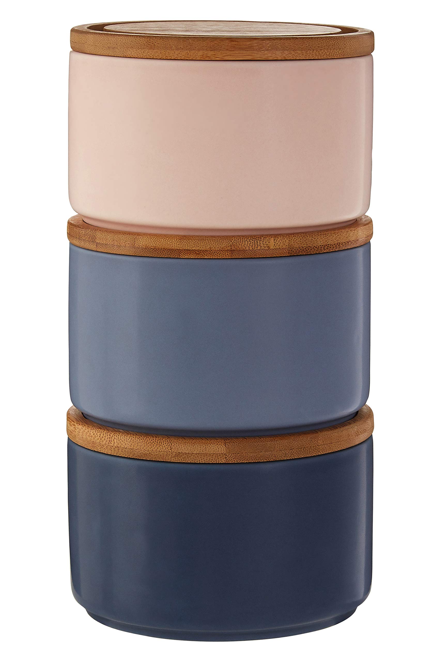 Fenwick Storage Canisters, Stackable, Blue & Pink/Bamboo Lids, Set of 3
