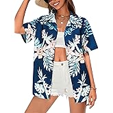 Womens Hawaiian Shirts Soft Cool Floral Print T-Shirt V Neck Short Sleeve Tropical Button Up Tops