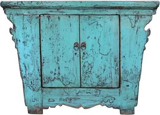 Amazon Com Chinese Rustic Rough Wood Distressed Aqua Blue Side Table Cabinet Acs5343 Kitchen Dining