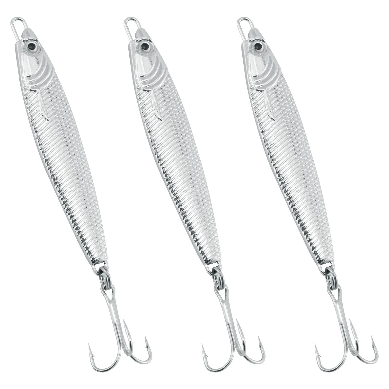 Dr.Fish Metal Sea Fishing Lures Silver Minnow Spoon Set of 3 Sea Fishing Tackle Mackerel Cod Sea Bass Pike Stinger Spinner Lures Metal Jigs 60g