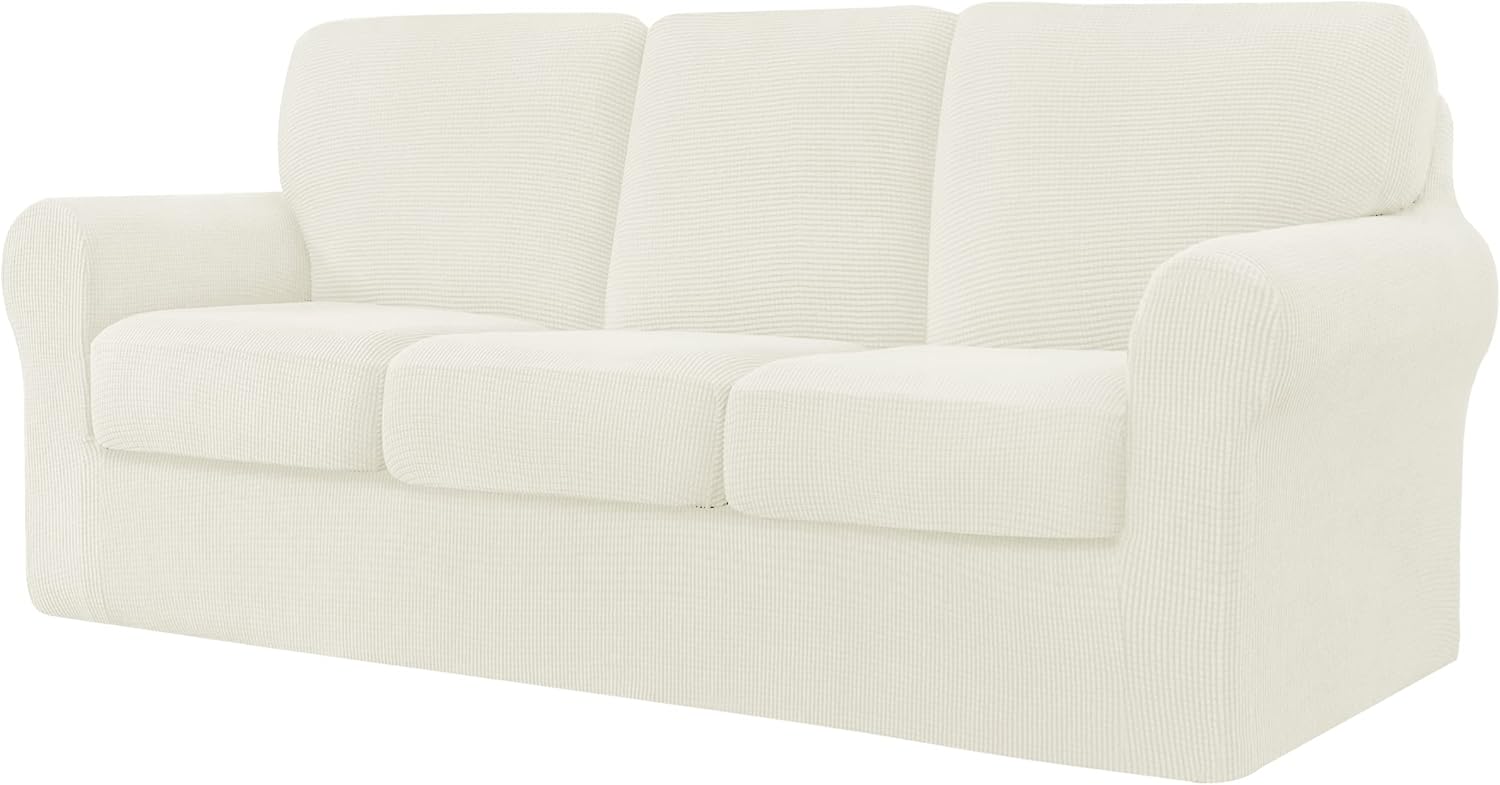 Slipcovers - CHUN YI 7 Piece Stretch Sofa Covers for 3 Cushion Couch Covers, 3 Seater Couch Slipcover with 3 Separate Backrests and Cushions with Elastic Band, Checks Spandex Jacquard Fabric(Large,Ivory White)