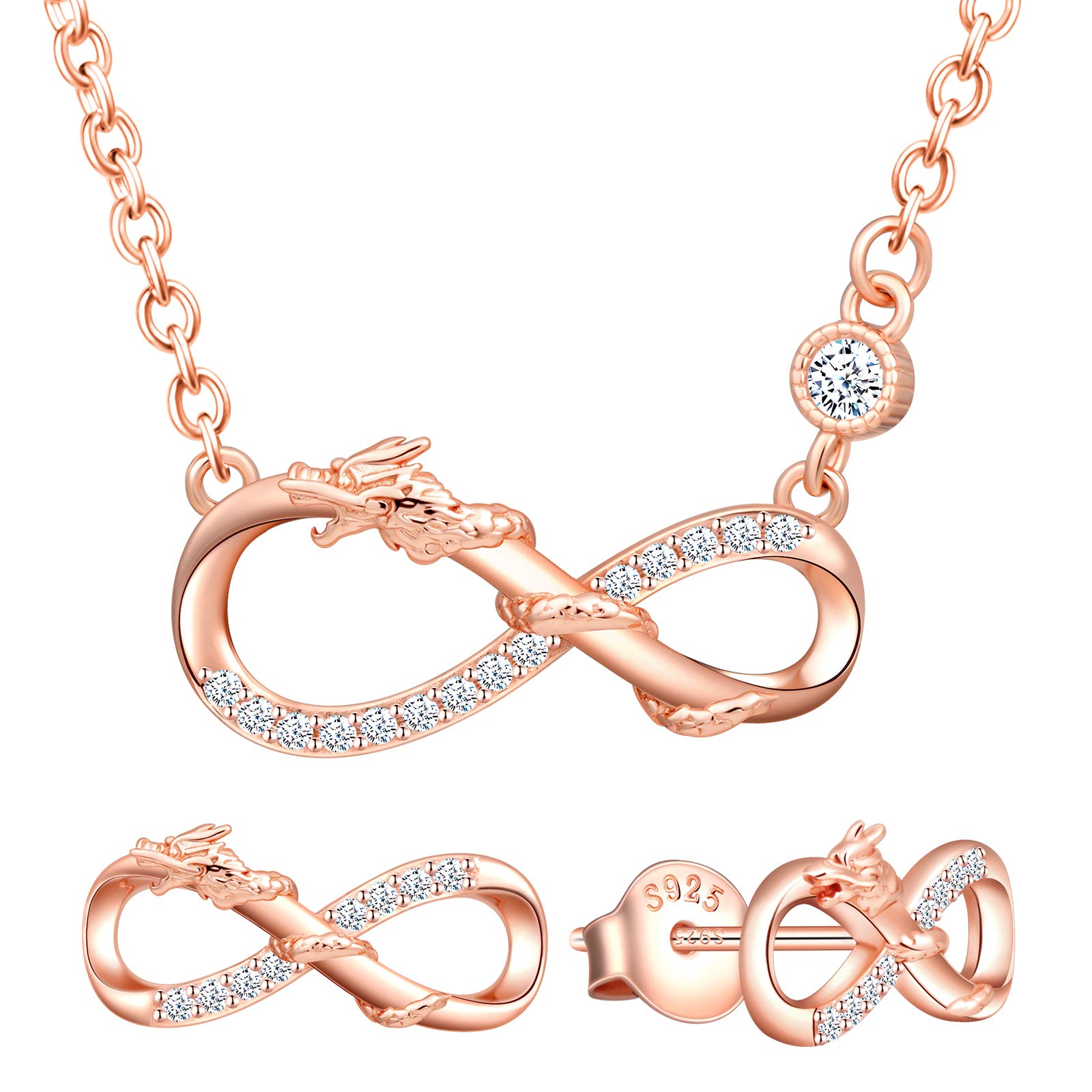 Yumilok Infinity Dragon Jewelry Set, 925 Sterling Silver Earrings Necklace for Women