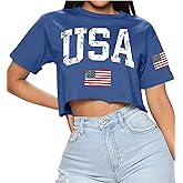 For G and PL Women's 4th of July Patriotic USA Stars Stripes Short Sleeve Crop Top