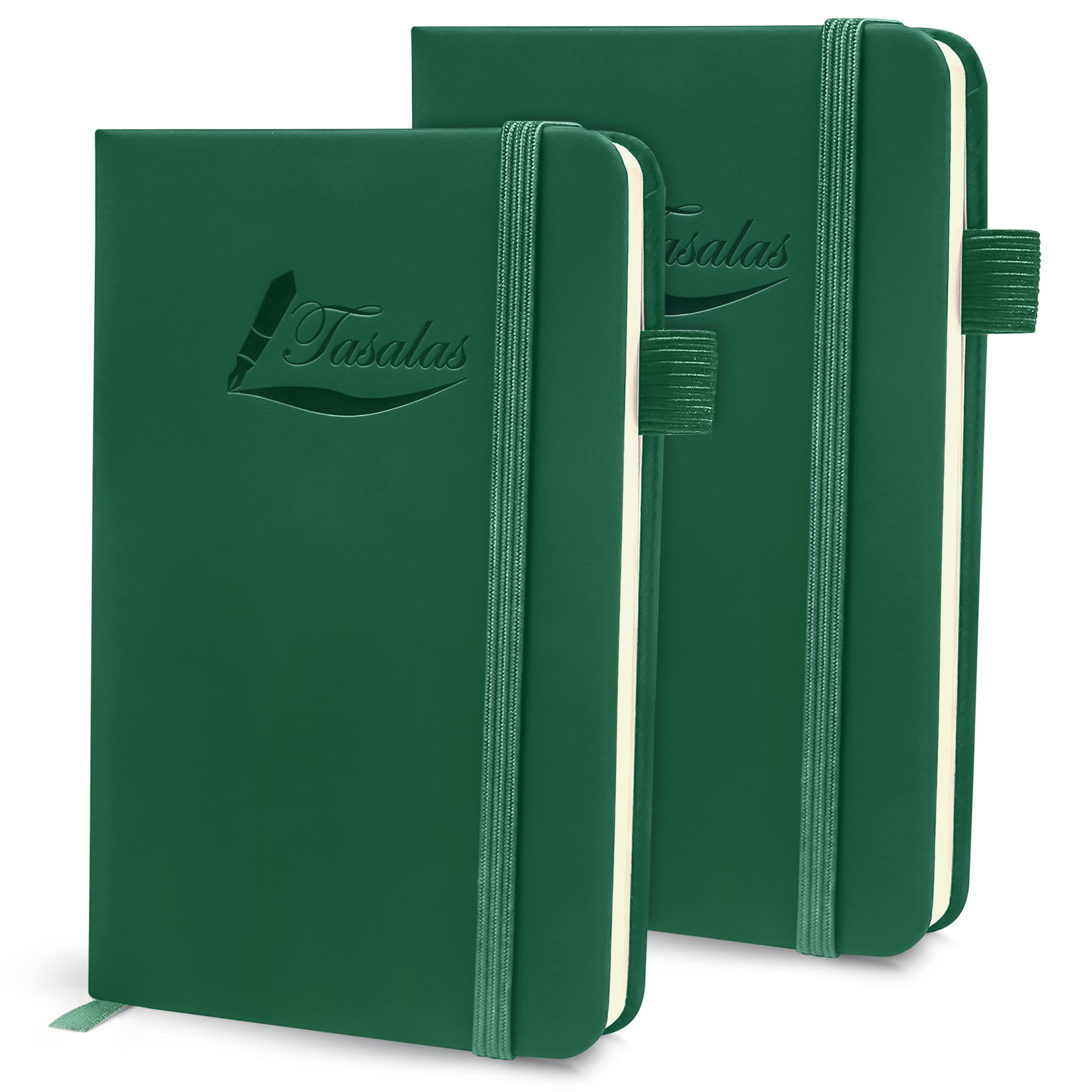 Tasalas Pocket Notebook Portable A6 Notebooks with Inner Pocket and Elastic Band - 80 GSM Lined Paper Notepad, 196 Pages (98 Sheets) Soft & Durable PU Leather Cover (Green(Pack of 2))