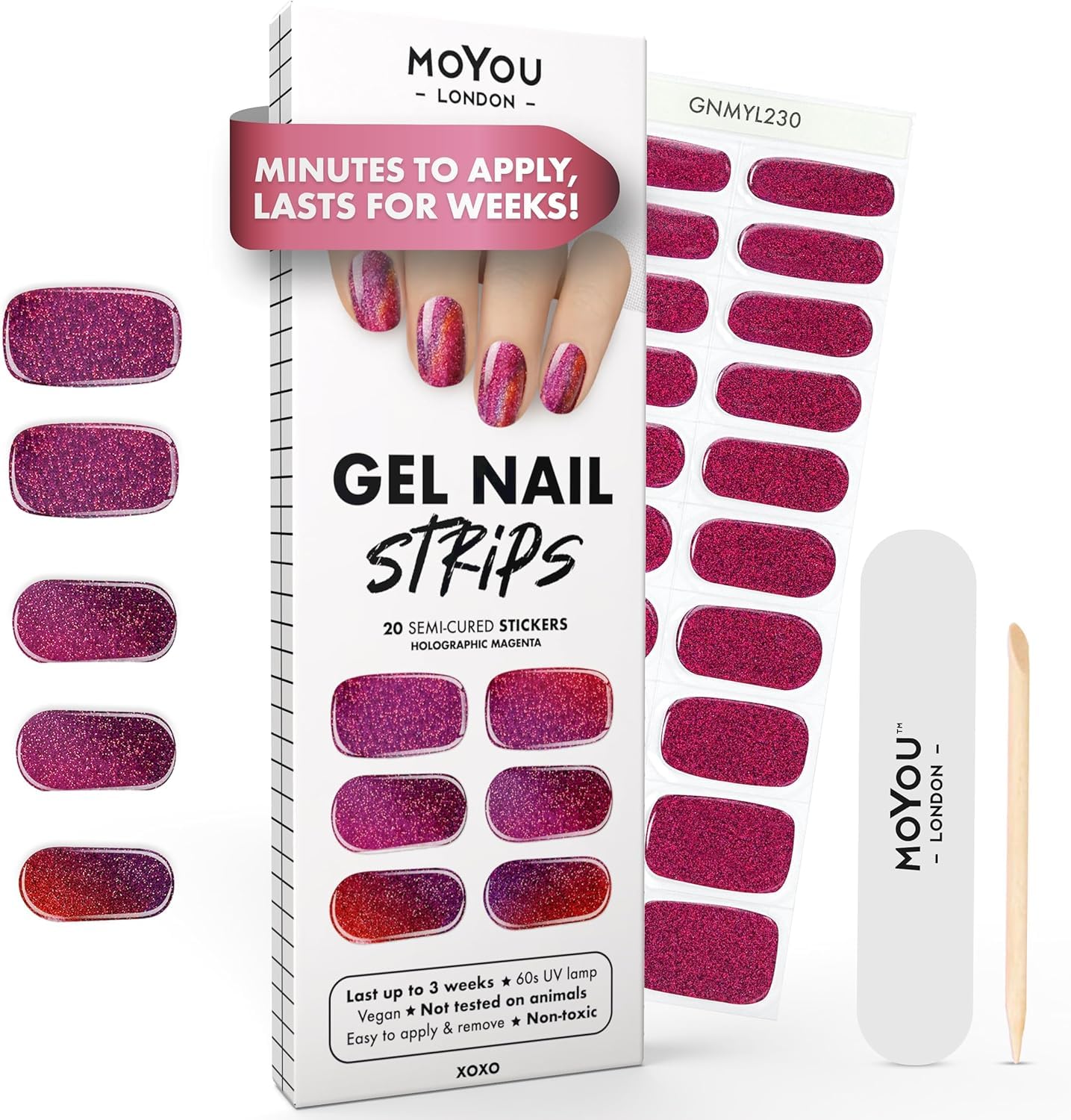 MOYOU LONDON Semi Cured Gel Nail Strips - 20 Pcs. Waterproof Gel Nail Wraps, Cures in Sunlight or UV/LED Lamp, Lasts Up to 2+ Weeks, Stretchable, Easy to Apply & Remove, Vegan & Cruelty-Free