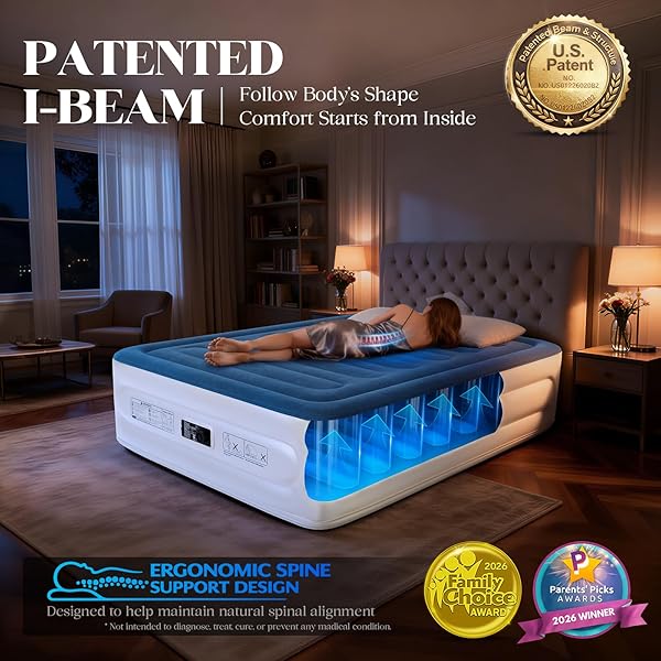 VOSSER QUEEN AIR MATTRESS WITH BUILT-IN PUMP,18” RAISED BLOW UP MATTRESS, LEAK-PROOF AIR BED WITH STORAGE BAG, FLOCKED TOP INFLATABLE MATTRESS FOR HOME, CAMPING & GUESTS, I-BEAM, COLCHON INFLABLE