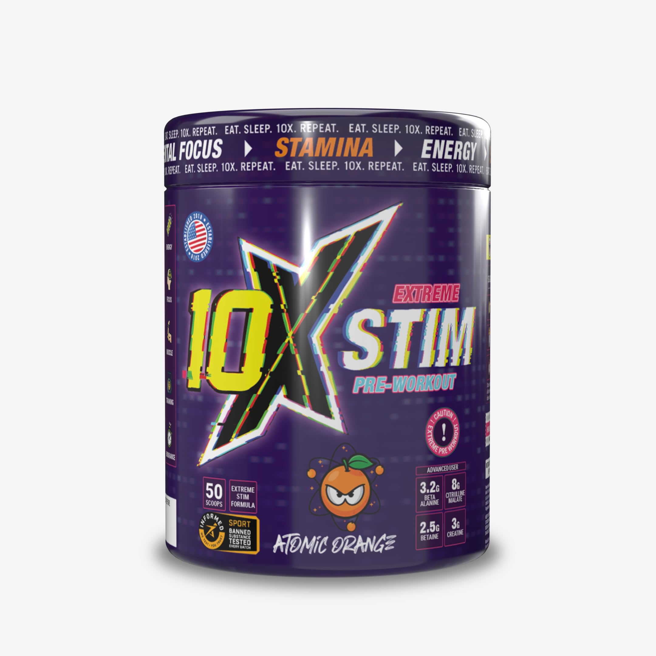 10X Athletic STIM Pre Workout - Atomic Orange | 600G, 50 Servings | 350mg Electrolytes & 200mg Caffeine per Serving | Includes Beta Alanine & Creatine | Sugar Free | Vegan | Low Calorie