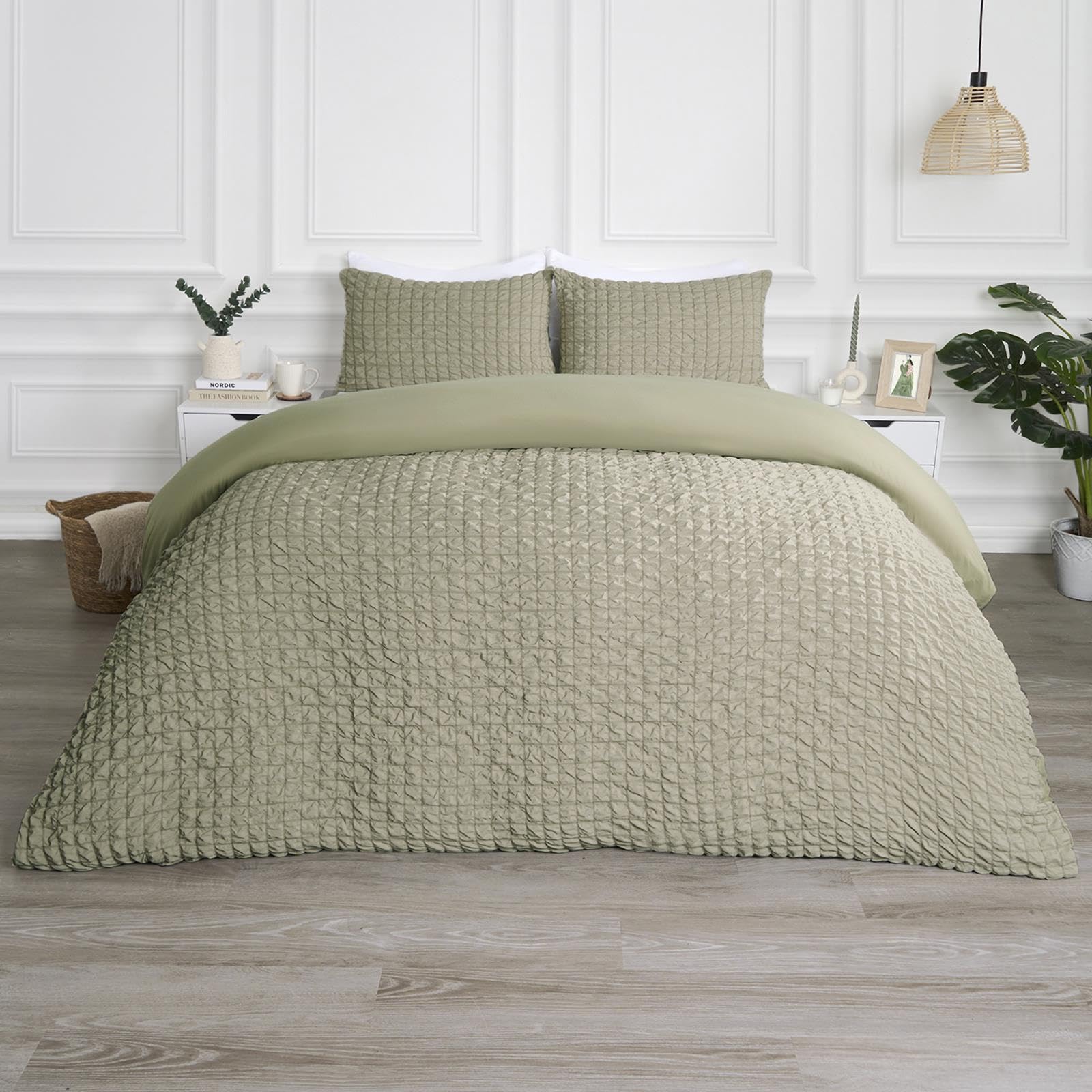 OHS Green Bedding Double Duvet Set, Geometric Seersucker Duvet Cover Luxurious Quilt Cover Embossed Waffle Bedding Double Bed Set with Matching Pillowcases, Sage Green