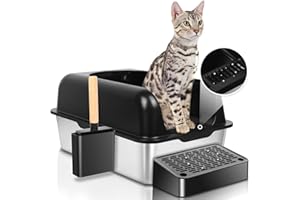 OSEVEN Enclosed Stainless Steel Cat Litter Box with Scroop&High Wall - Extra Large Metal Litter Box Stainless Steel for Big Cats,Non-Sticky, Anti-Leakage (Black)