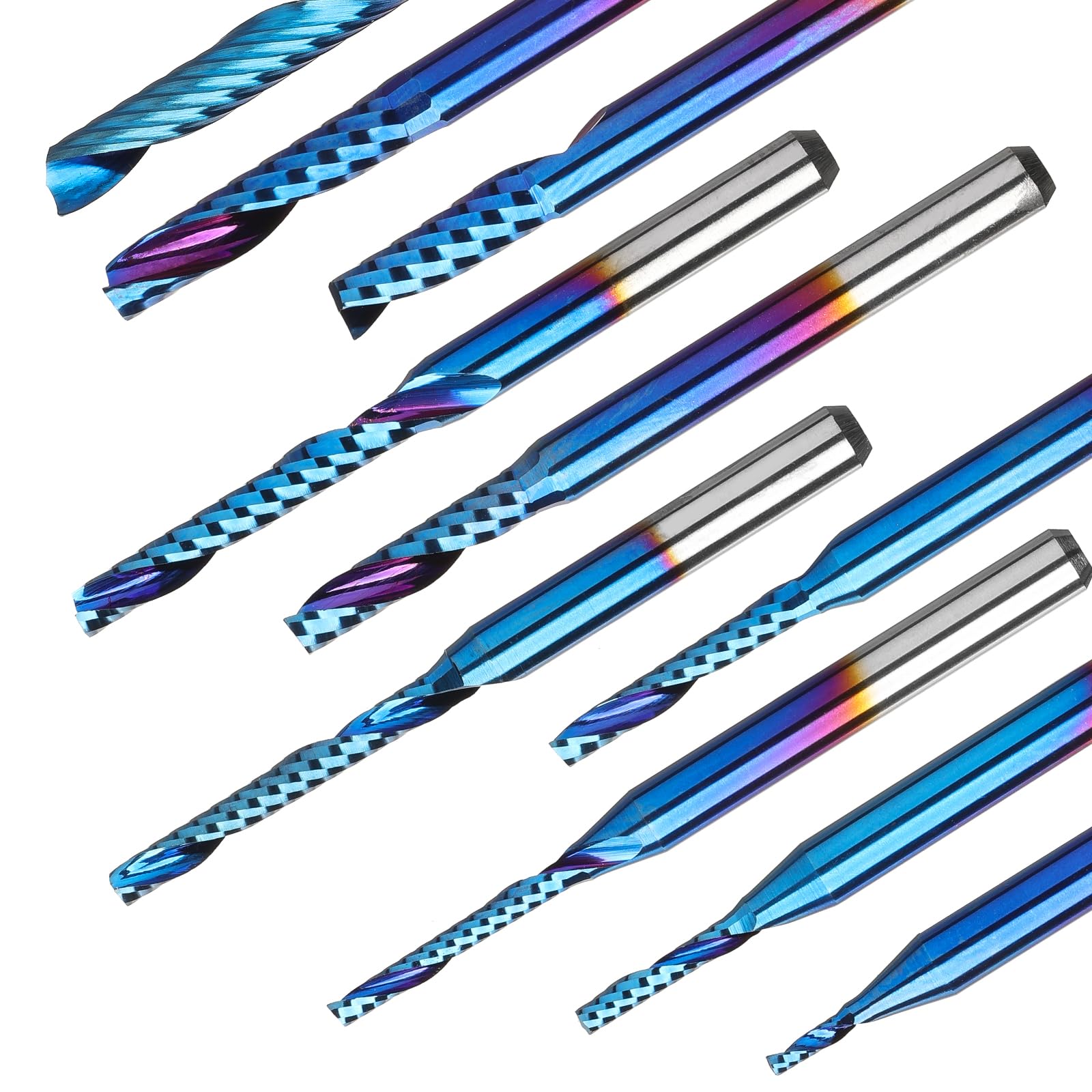 1/8 Inch Shank 10pcs Carbide Spiral O Flute (Single Flute) End Mill CNC Router Bits, Solid Nano Blue Coat, for Woodworking Cutting Carving Wood Acrylic PVC PCB MDF, OS10A