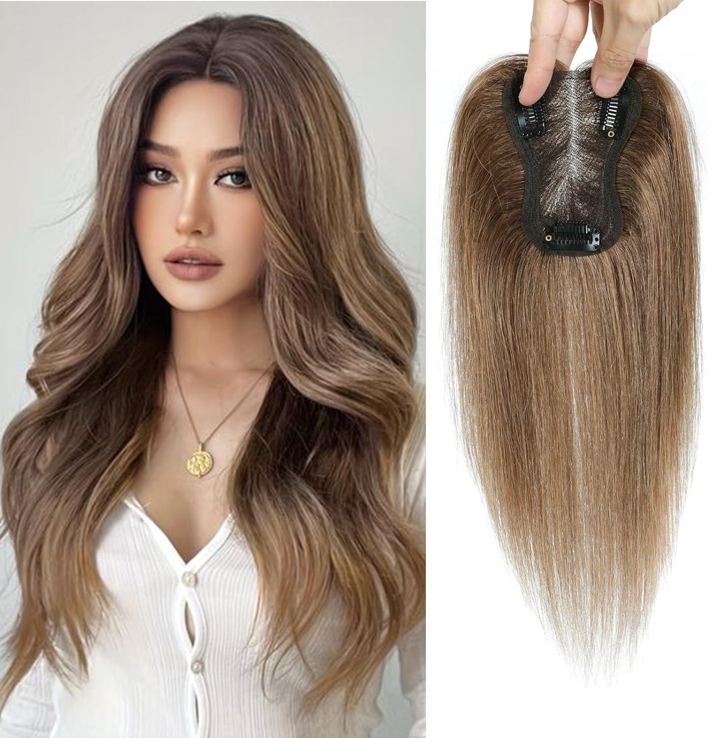 GULALUUK Real Hair Topper for Women - Human Hair, 120 Density, 3x4 Inch, Swiss Bace Clip, Ombre Light Brown with Dark Roots (10inch, P4TM/10) — image 1