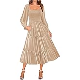 ZESICA Women's Velvet Long Sleeve Dresses 2026 Winter Square Neck Smocked Ruffle A Line Flowy Cocktail Party Midi Dress