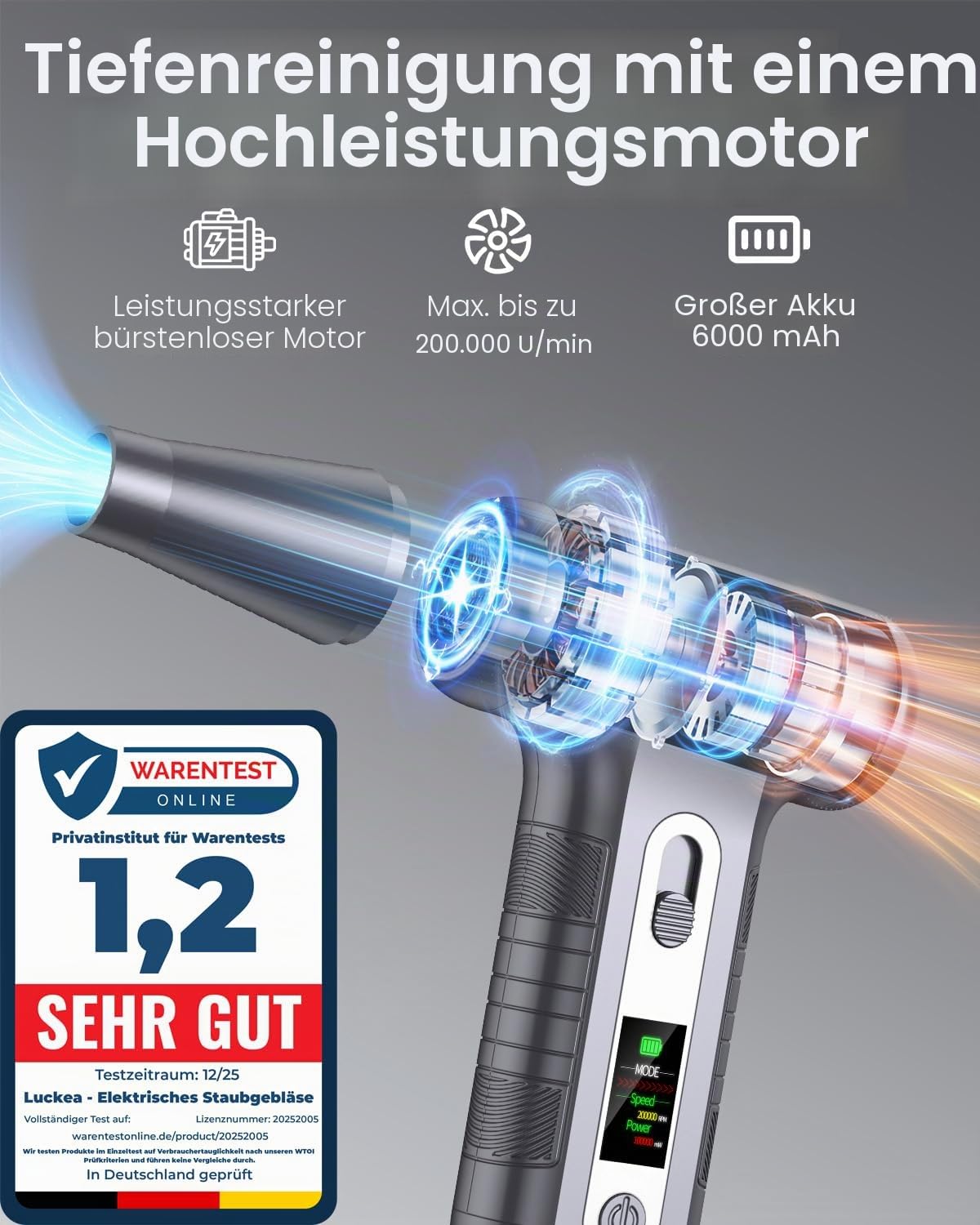 Elektrische Staubgebläse 200000 RPM mit HD‑Display - Air Duster Mini‑Gebläse für PC‑Reinigung mit LED‑Licht, Druckluftspray für Laptops, Tastatur, Elektronik, Modell W06, Silber 3