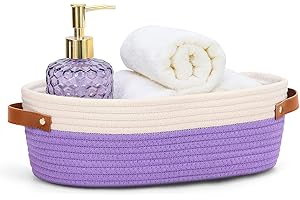 HLWDFLZ Bathroom Countertop Organizer Basket, Cotton Rope Woven Storage Basket Toilet Paper Decorative Basket for Bathroom, Bedroom, Living Room, Entryway 13"x6.3"x4.3" (Off White/Purple)