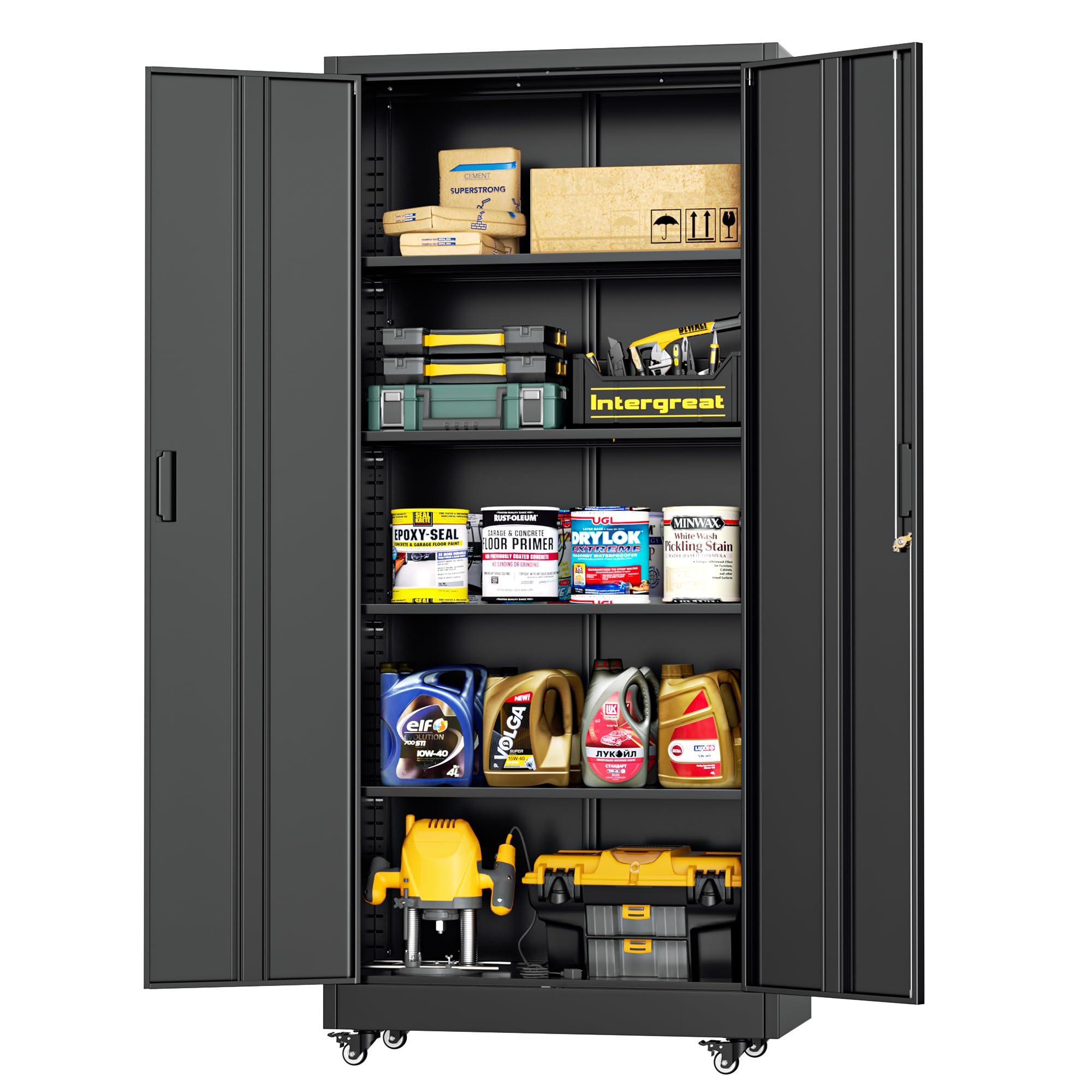 Photo 1 of **SCRAPE AND DENT DAMAGE ON SHELF CORNERS**INTERGREAT Metal Storage Cabinet with Wheels, 73" H Rolling Metal Cabinets with Doors and Shelves, Black Steel Lockable Cabinet on Wheels for Garage Storage