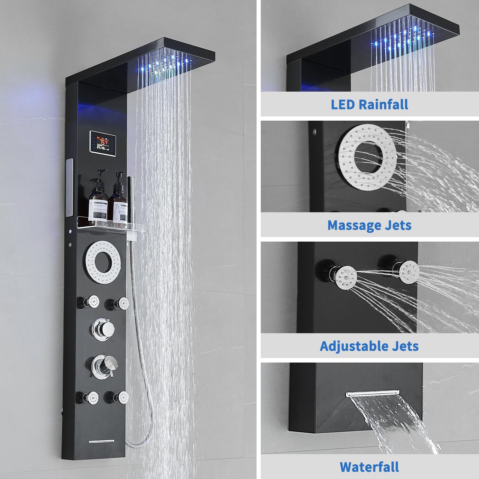 RUMOSE Matte Black Shower Panel Tower